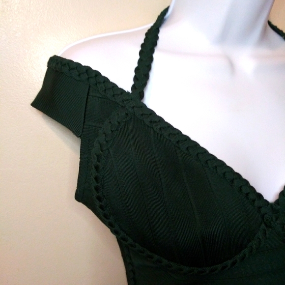 AKIRA Sexy Body-Con Dark Green Halter Necked, Off Shoulder Bandage Dress - Picture 5 of 14